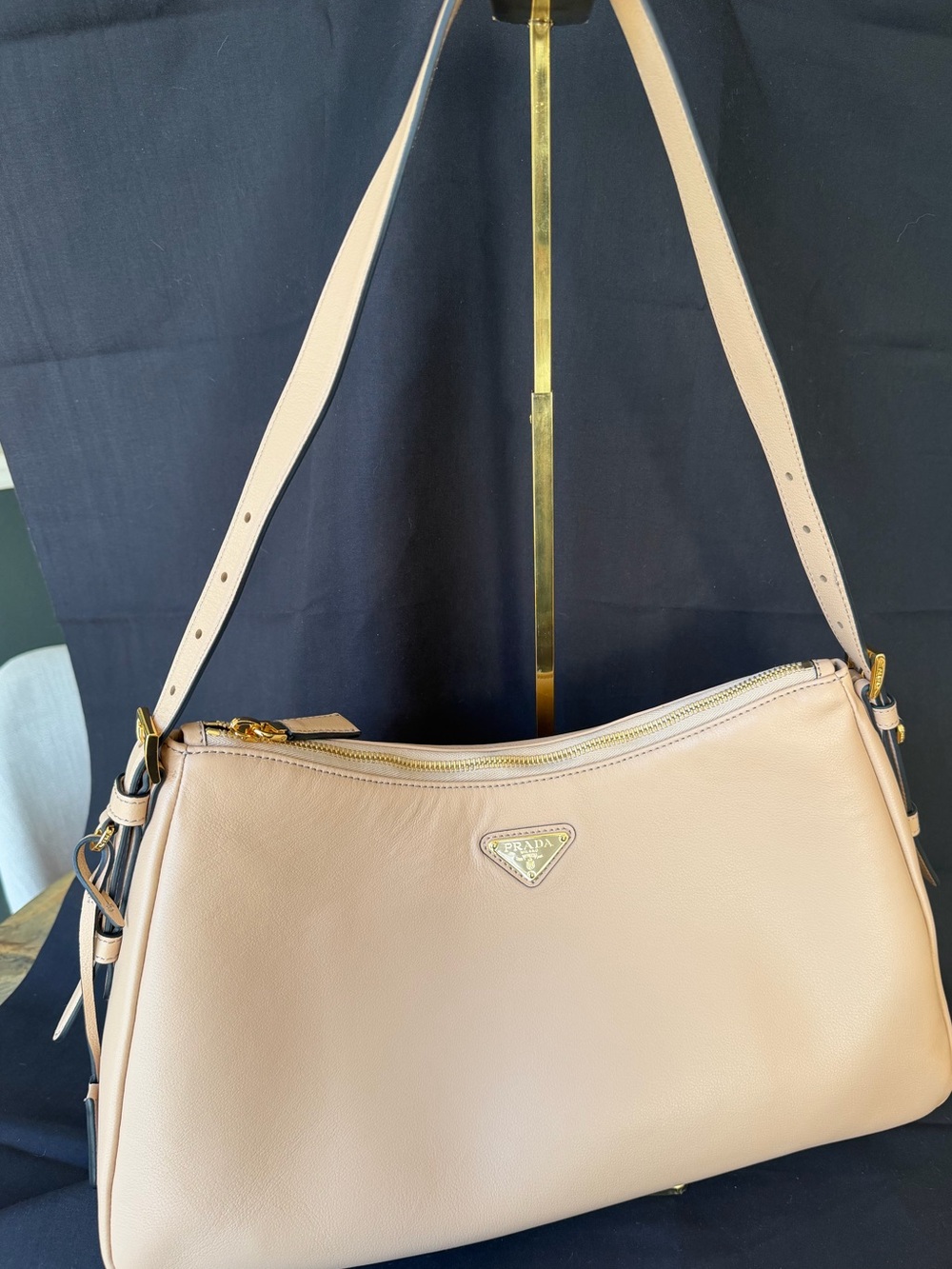 Large Beige Genuine Leather Shoulder Bag with Gold Logo